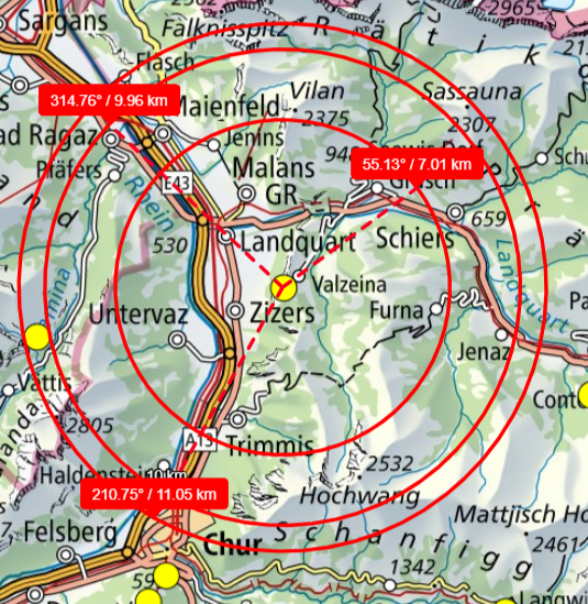 Karte der Region um Valzeina mit den untersuchten Abstrahlrichtungen nach Schiers, Bad Ragaz und Chur sowie den jeweiligen Entfernungen.